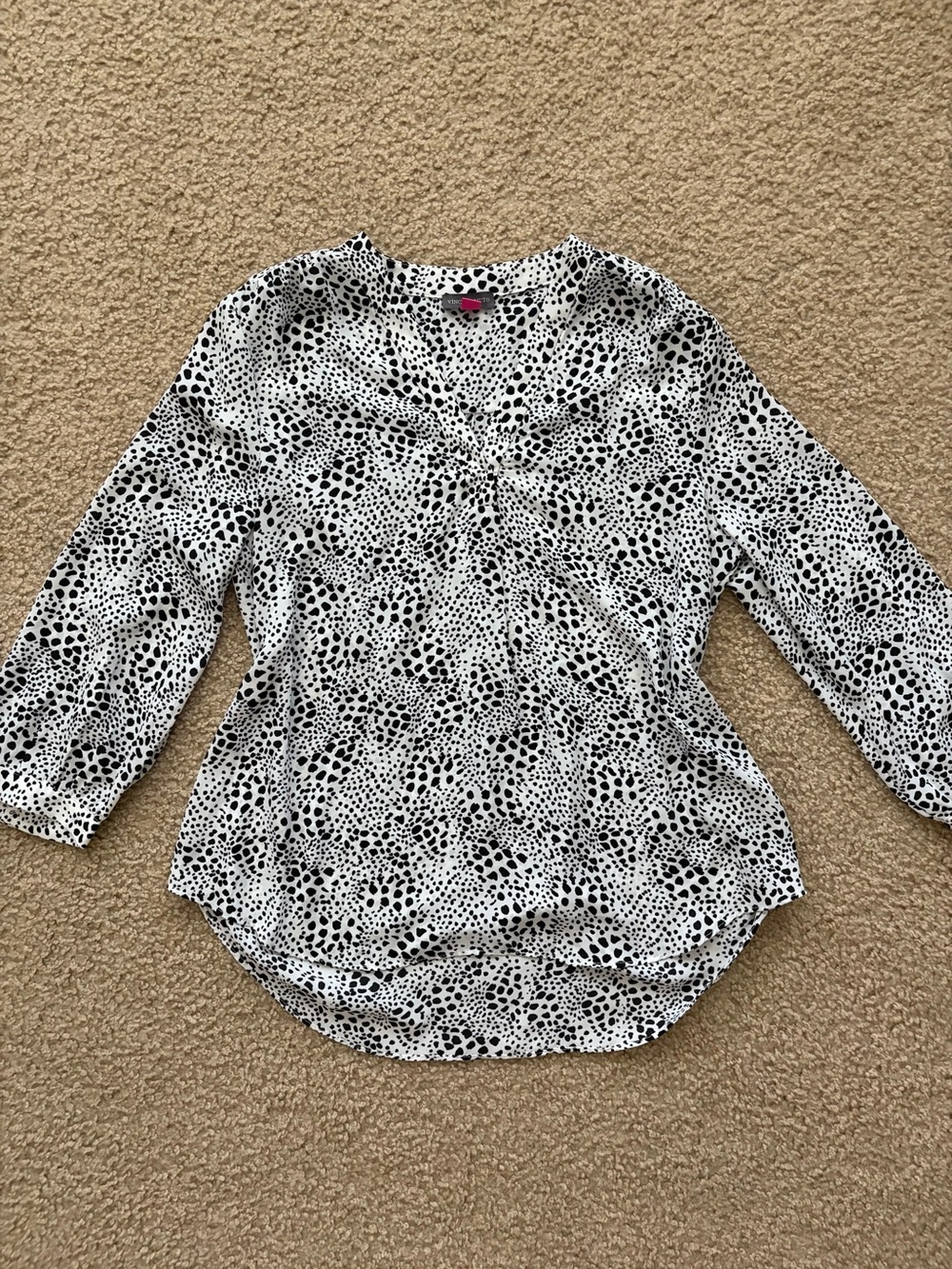Vince Camuto Black and White Dalmatian Print V-Neck Blouse